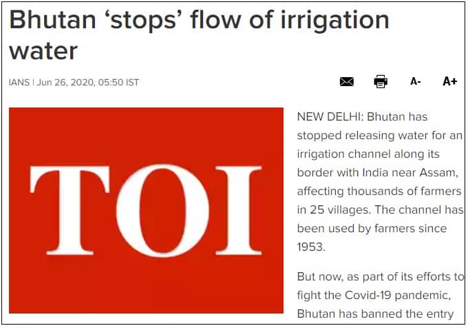 Times of india saying Bhutan stopped India's water