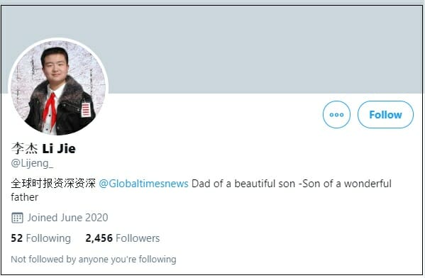 fake chinese reporter's twitter profile